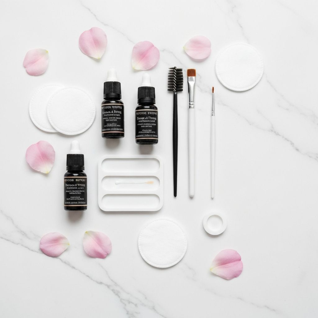 Professional lash and brow tinting products including small tinting bottles and fine brushes on marble
