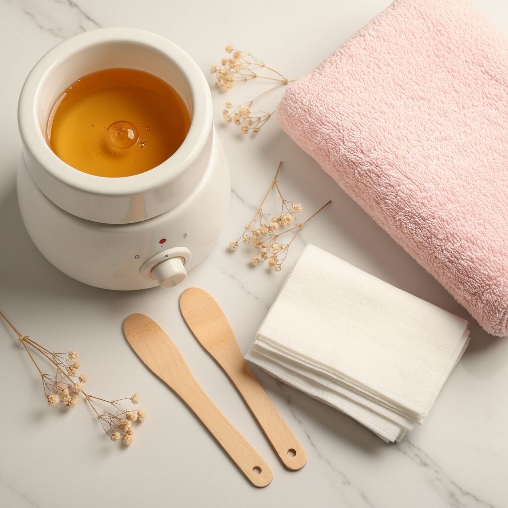 Golden wax warmer with wooden spatulas and white muslin strips for professional waxing services